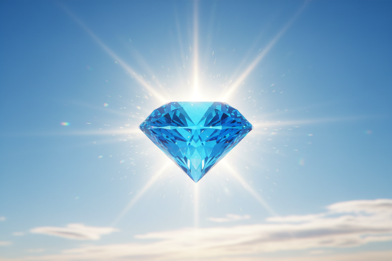 Blue diamond in sky with sun shining behind it