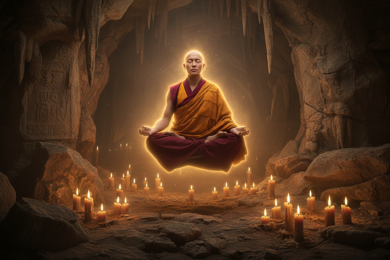 Tibetan monk meditating levitating in a cave with candle light. Monk is levitating and has a golden aura glow
